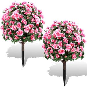 Artificial Boxwood Topiary Ball Trees with Ground Spikes UV Resistant Faux Greenery Shrubs Fake Shrubs for Outdoors, Realistic Faux Plants Bushes for Garden Porch Yard Patio Decor (Pink)