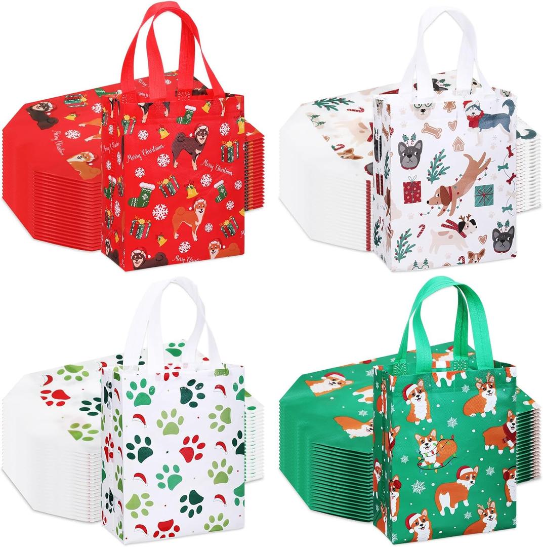 Wesnoy 48 Pcs Christmas Dog Gift Bags Bulk 10 x 8 x 4 Inch Paw Prints Reusable Non Woven Christmas Party Favors Goodies Bags Puppy Candy Treat Totes with Handles for Holiday Pet Animal Party Supplies (Red Green)
