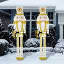 2pcs 6ft Large Modern Metal Christmas Nutcracker Outdoor Decoration White Gold Xmas Nutcracker Yard Signs Christmas Tall Metal Soldier Stakes Ornament for Holiday Garden Lawn Porch Pathway