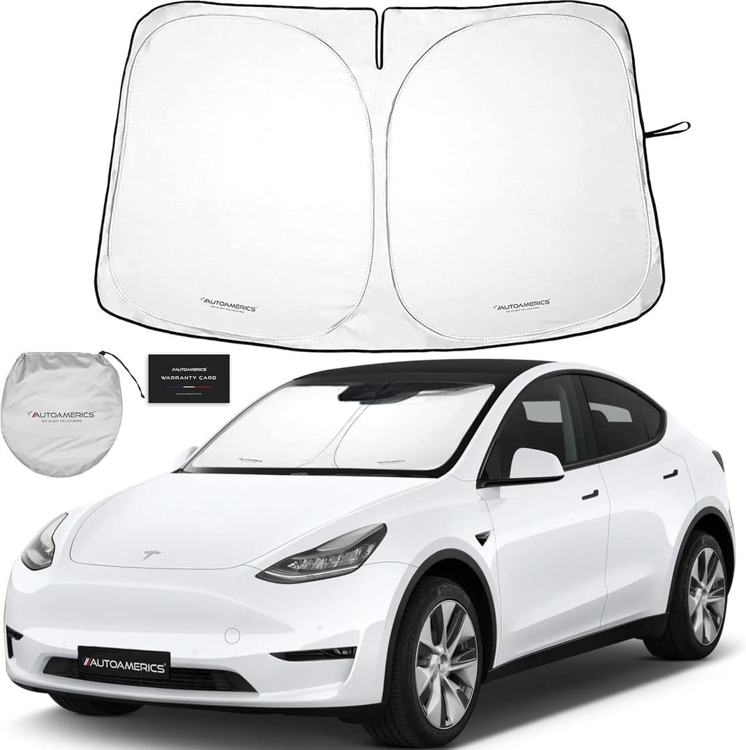 Autoamerics 1-Piece Tesla Model Y Sunshade & 3 Sunshade - Special Design for Model Y & 3 Windshield - Foldable Lightweight M3 Sun Shield - 2023 Tesla Y/3 Accessories