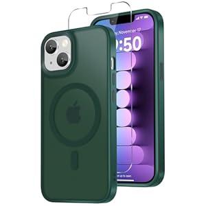 for iPhone 14 Case, iPhone 13 Case, with 1 Screen Protector, Compatible with MagSafe, Magnetic Matte Slim Phone Cover, Translucent Frosted Back Shockproof Protection Bumper, Dark Green