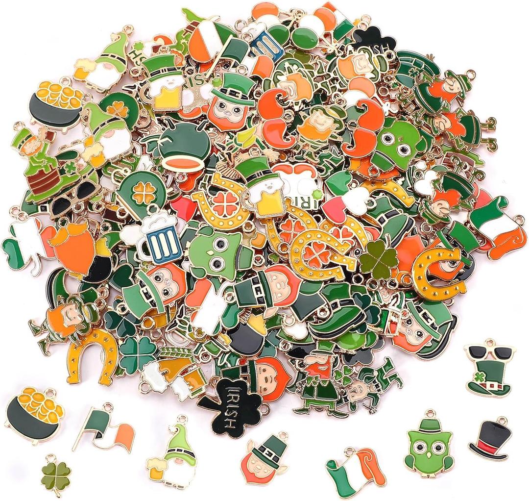 SANNIX 350pcs St. Patrick's Day Charms, Shamrock Charms for Jewelry Making - Green Hat Beer Gnome Irish Enamel Pendants for DIY Crafts Bracelets Necklaces Earrings Making Supplies