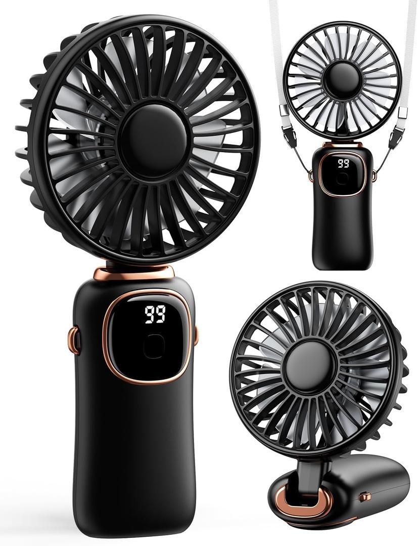 coldSky Portable Handheld Fan, 4000mAh Battery Operated 3 in 1 Multifunction Personal Travel Fans with Digital Display, 90 Foldable Desk Fan with Base, 5 Speed Lash Fan for Makeup/Office (Black)