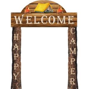 Peryiter 3 Pcs Camping Themed Party Decorations Banner Welcome Porch Sign with 1 Double Sided Tape for Summer Camp Birthday Hawaii Baby Shower Themed Party Activity Decor Door (Happy Style)