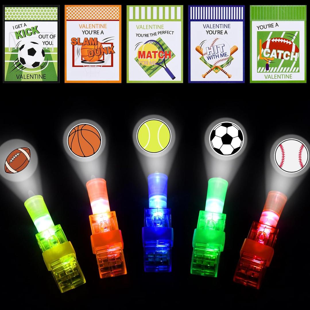 Valentines Day Sports Finger Lights with Cards Gifts for Kids,30PCS Party Favors ,Glow in the Dark Bulk Party Supplies,Birthday Goodie Bags Fillers,Easter Basket Stuffers,School Party Classroom Prizes
