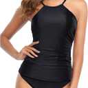 Tempt Me Two Piece Tankini Set Tummy Control Swimsuit for Women High Neck Top with Bottom Bathing Suits Ruched Swimwear (Large, Black)