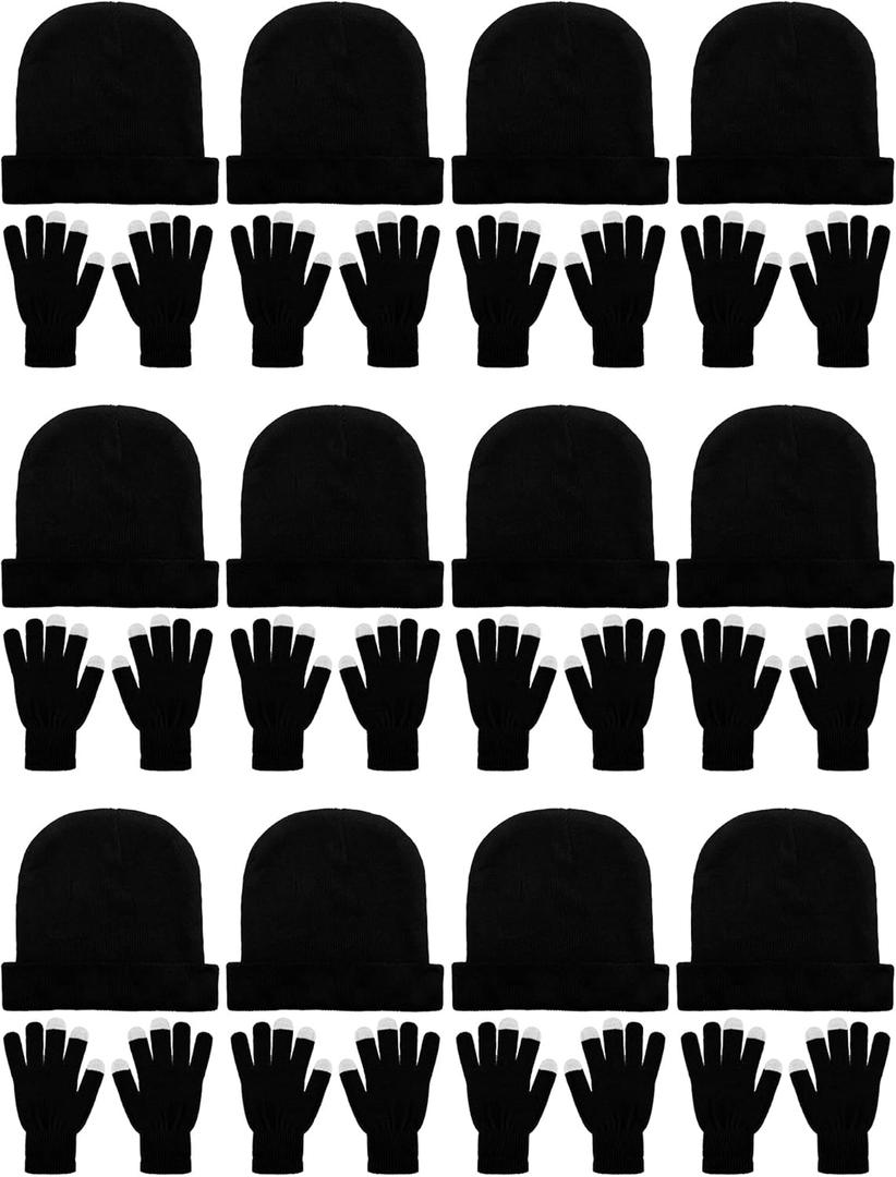 Geyoga 24 Packs Winter Beanies Hats and Magic Gloves Set for Men Women Knit Beanie Touch Screen Gloves Winter Warm Cap Gift(Black), One Size