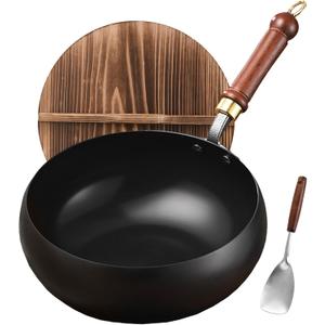 Carbon Steel Wok Pan, 9.5" Woks & Stir-Fry Pans with Wooden Lid Cookwares, Nonstick Wok Flat Bottom Small Handmade Chinese Wok For for All Stoves