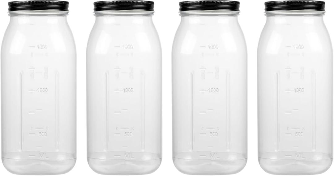 64 Ounce Clear Plastic Mason Jars With Screw On Lid, Reusable Empty Jars for Food Storage, BPA Free Containers for Sealing, Dry Food, Snacks, Candies, Breakage-proof, (Black - 4 Pack)