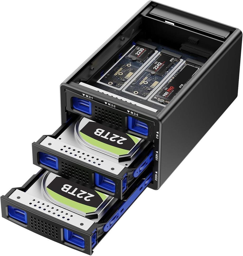 CENMATE Hybrid 2*2.5/3.5" SATA HDD/SSD+3* M / B+M Key M.2 NVMe Enclosure with Cooling Fan and USB A/C 3.2 Gen 2, Hard Drive Enclosure Support 68TB(2*22TB HDD+3*8TB 2230/2242/2260/2280/22110 SSDs)