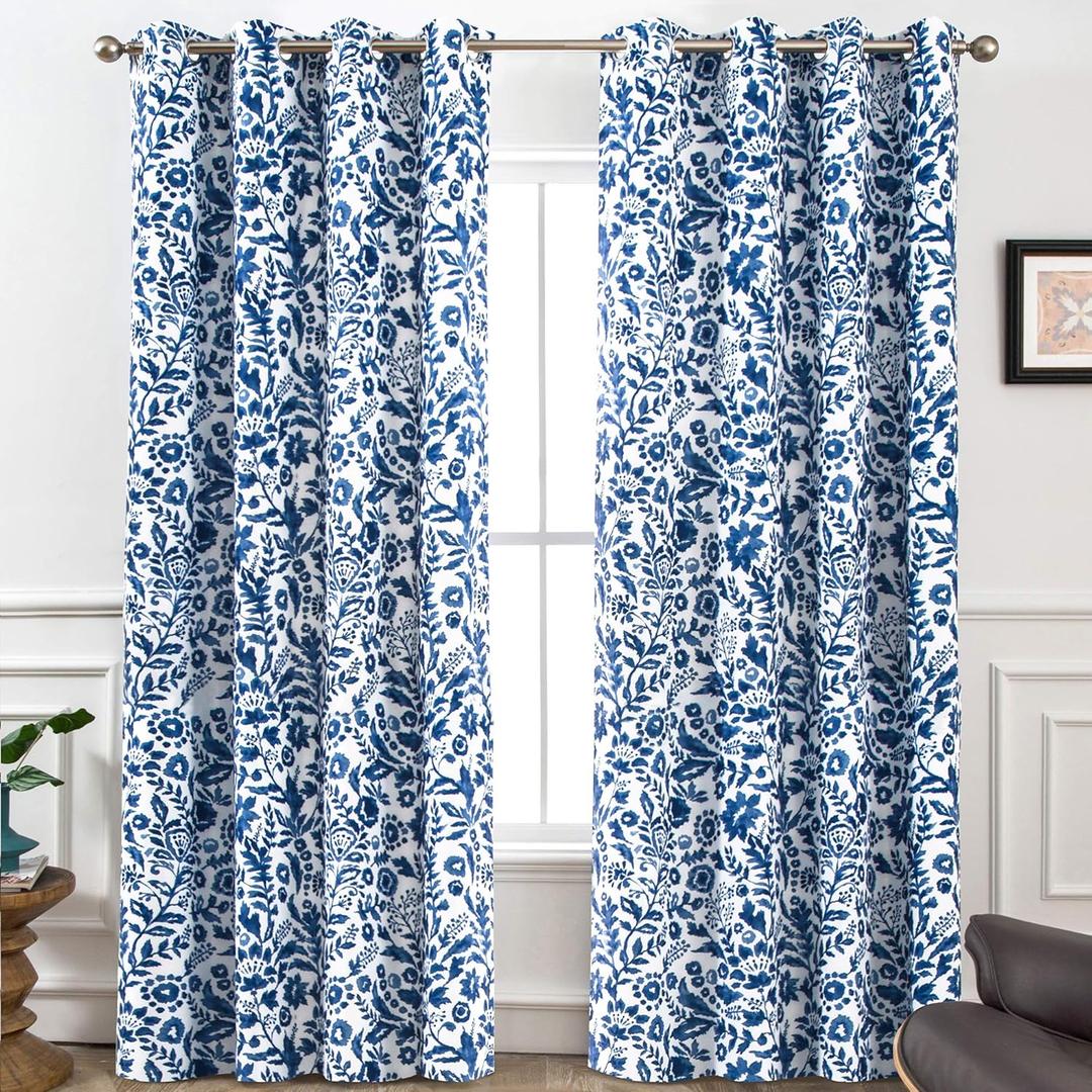 DriftAway Julia Blackout Curtains for Bedroom Navy Floral Watercolor Pattern Double Layer Thermal Insulated Sound Reducing Room Darkening Drapes for Living Room Grommet 2 Panels Each W52 x L96 Navy