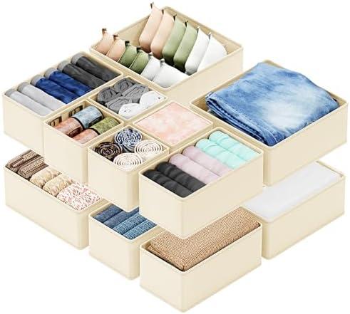 SpaceAid Drawer Organizer Clothes, 12 Pack Dresser Organizer Bins for Nursery, Closet Organization and Storage Dividers for Clothing, Baby Clothes, Underwears, Socks (Beige)