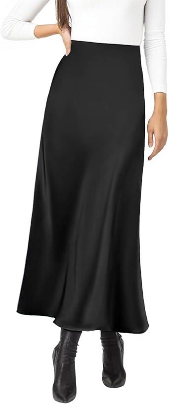Women's Satin Silky High Waist Maxi Skirt Elegant Elastic Waistband M