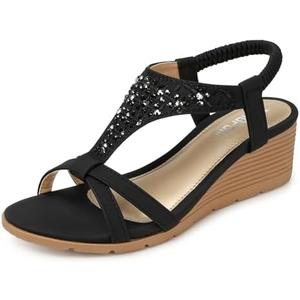 TEMOFON Women's Low Wedge Heels Summer Dressy Platform Sandals Elastic Ankle Strap Open Toe Flower Shoes, Size 42