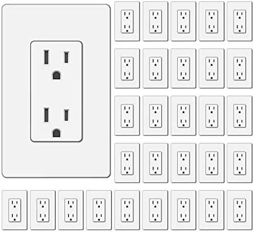 BESTTEN 30 Pack 15 Amp Decorator Receptacle Outlet, Standard Electrical Wall Outlet, Decor Screwless Wallplate Included, 15A/125V/1875W, Residential and Commercial Use, UL Listed, White