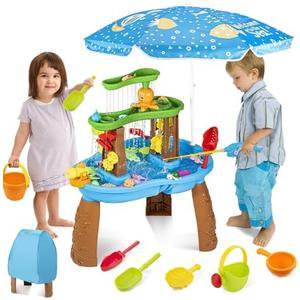 VROGTIK Water Table for Toddlers 3-5 with Umbrella Outdoor Toys for Kids Ages 4-8 3-Tier Kids Sand Water Table with Fishing Game Set Activity Sensory Table Summer Gift Beach Outside Toys for Toddlers
