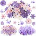 Tigeen 250 Pcs Faux Flower Heads Organza Butterfly Set Includes 200 Silk Daisy 50 Butterfly Embellishments Artificial Flowers Heads 3D Butterflies for DIY(Purple Colors)