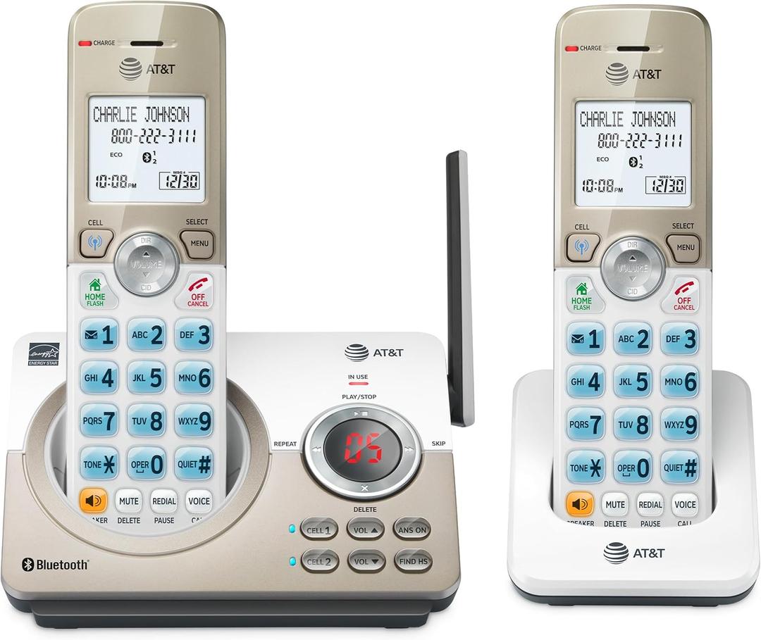 AT&T DL72219 DECT 6.0 2-Handset Cordless Phone for Home with Connect to Cell, Call Blocking, 1.8" Backlit Screen, Big Buttons, intercom, and Unsurpassed Range