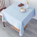 Linen Square Tablecloth 52 x 52 Inch Light Blue Washable Wrinkle Resistant Table Cloths with Tassels Farmhouse Decorative Burlap Fabric Table Cover for Wedding Camping Party Holiday