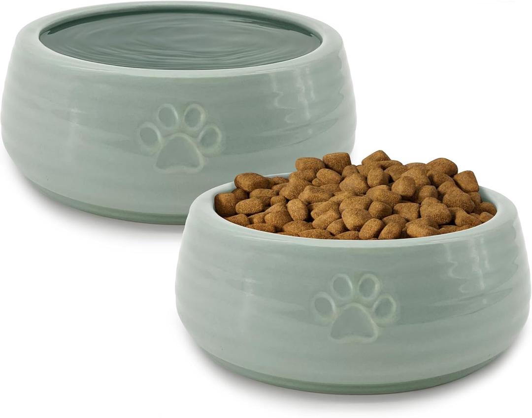 Ceramic Dog Bowls Set of 2, 6.3" Round x 2.4"-Tall Pet Bowls, Cute Food and Water Puppy Bowl, Cat Dish Protect Cervical Spine, for Small Medium Dogs and Cats, Green