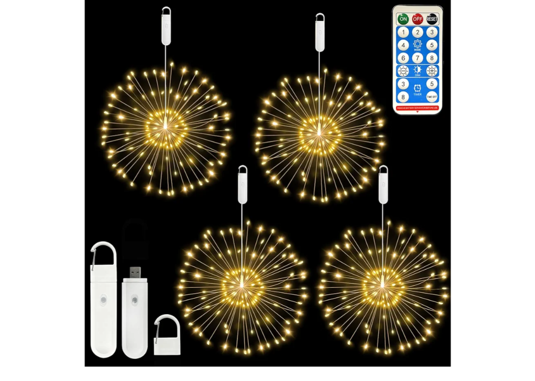 FOOING 4 Pack Firework Lights LED, Hanging Christmas Lights, 8 Modes USB Rechargeable Battery Operated Fairy Light with Remote, Twinkle Star String Lights for Party Christmas Decoration Outdoor Indoor