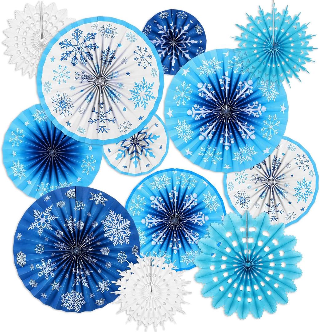12 Pcs Winter Snowflakes Decorations Snowflake Hanging Paper Fans Blue and White Snowflakes Paper Hanging Decorations Winter Ceiling Wall Home Decor for Wonderland Party Decor(Round)