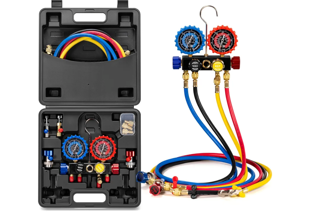 VIVOHOME HVAC Manifold Gauge Set for R134a R32 R410a R22 Refrigerant
4 Valve Automotive AC Gauges with 5ft Hoses, R134a Quick Couplers and Can Taps for Car Freon Charging and Evacuation