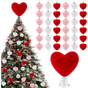 37 Pcs Valentine's Day Tree Decorations Large Heart Tree Toppers 12.2 Inch with 36 Pcs Heart Velvet Ornaments Trees Decorations for Home Valentines Party Romantic Wedding Decor