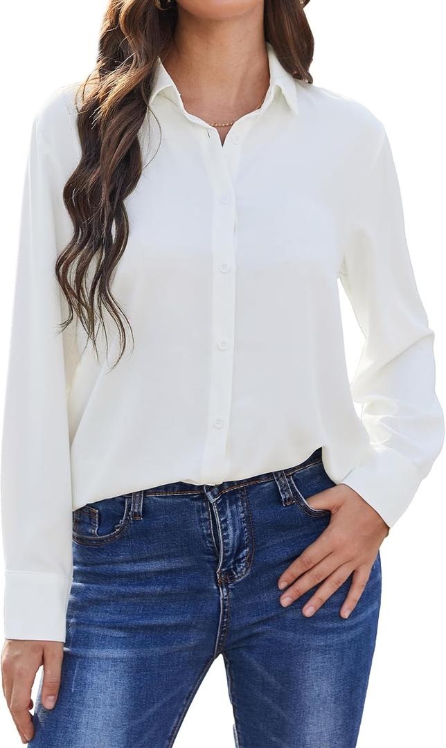 SPRING SEAON Women's Button Down Shirts Causal Collared Blouses Work Office Long Sleeve Chiffon Blouse for Ladies (Medium, Pure White)