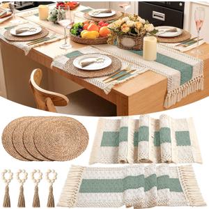 Set of 4 Boho Round Woven Placemats, Wood Bead Napkin Rings, Long Table Runner Macrame Style Bicolor Stitching, Farmhouse Rustic Placemats Natural Burlap Cotton for Dining Wedding Party Decor (Green)