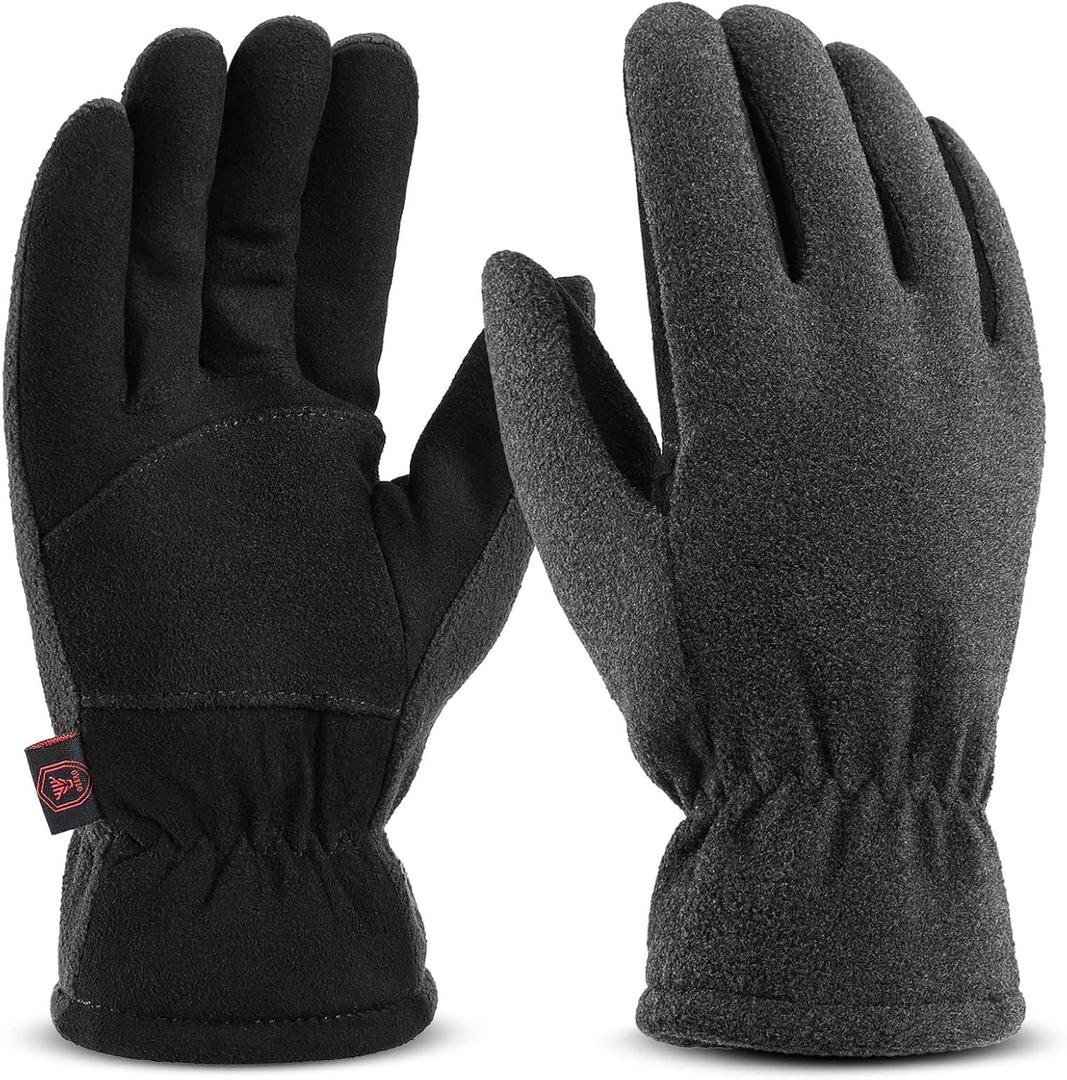 Winter Gloves for Men Women: -20F Thermal Warm Deerskin Polar Fleece Cotton Glove (Large, Grey-black)