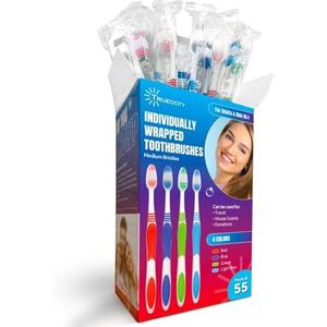 Trueocity Toothbrushes Bulk Individually Wrapped – 55 Pack Medium Bristle, Multi-Colored Toothbrushes for Adults and Kids, Travel & Hospitality Multi-Pack