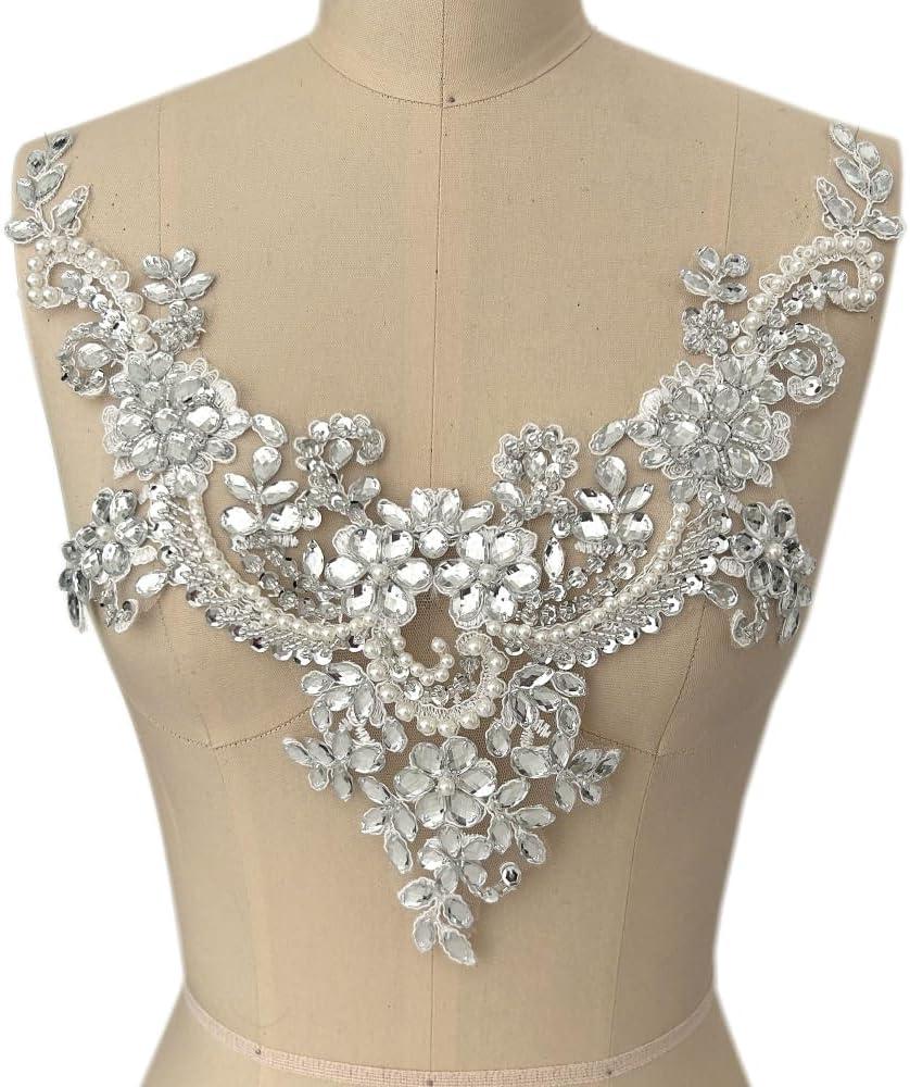 Lace Flower Beads Pearl Patches, Sew on Rhinestones Appliques for Dress Clothing Neckline (White)
