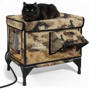 Indestructible Heated Cat House for Outside Cats Winter, 100% Weatherproof, Safe Escape Door, Insulated Outdoor Cat Shelter with Heater for Feral Barn Cat Kitty (Desert Camouflage, 13"x17"x12.6")