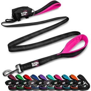 Black Rhino Heavy Duty Dog Leash for Medium and Large Dogs - 6 ft Long Double Handle Leash with Padded Traffic Control Handles and Bag for Comfort - Reflective, Durable, and Weather Resistant (Pink)