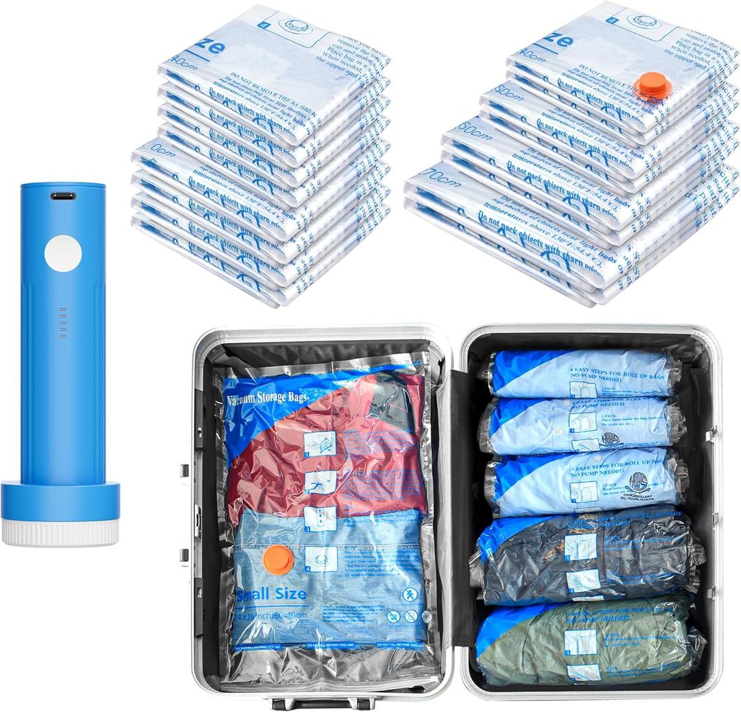 16 Pack Vacuum seal bags for clothing With Coldless Pump, Vacuum Storage Bags,Space Saver Sealer Bags, Pillows, Comforters, Blankets, Bedding,Travel,