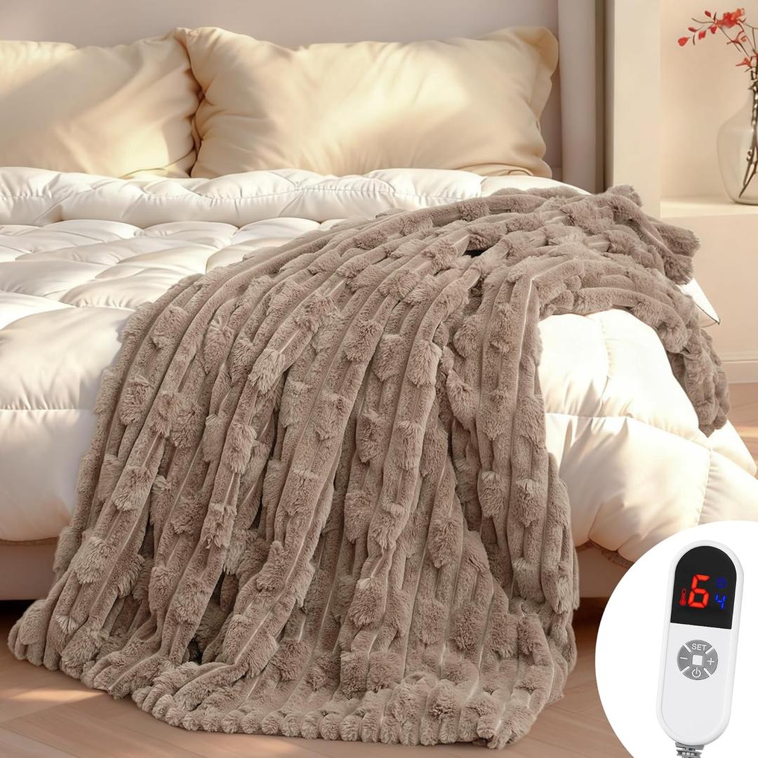 Heated Throw Blanket 50"x60", Electric Blanket with Bamboo Pattern, Luxury Faux Rabbit Fur & Soft Flannel, 6 Heat Settings, 1-4 Hour Auto Shut-Off, Throw Blanket for Couch, Machine Washable, Linen