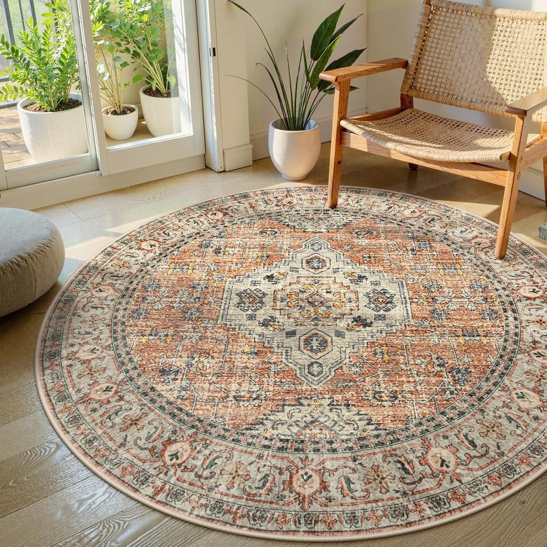 Lahome Oriental Washable Round Area Rug, Non-Slip Round Rugs 6ft Ultra-Thin, Soft Large Throw Circle Carpet for Living Room Bedroom Kitchen Nursery Eleanor, Peach/Orange