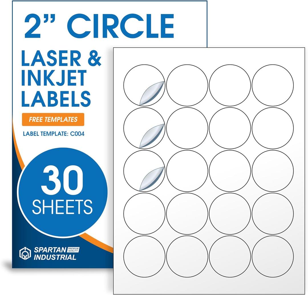 2" Printable Round Labels for Laser and Inkjet Printers - 600 Blank Labels, 30 Sheets for Thank You Stickers, Price Tags, QR Codes, Business Logos - Spartan Industrial Template C004