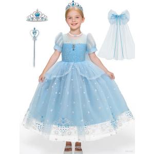 YYSSNM Girls Princess Costume Set with Crown, Magic Wand & Trailing Bow  Elegant Party Dress for Cosplay, Birthdays, Halloween, Size 120