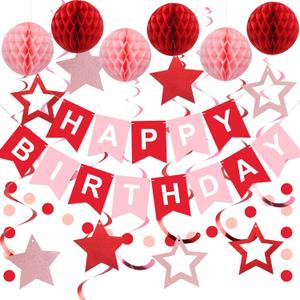 Meowtastic Birthday Decorations, Happy Birthday Banner with Honeycomb Balls, Stars Hanging Swirl Streamers, Circle Dots Garland, Happy Birthday Party Decorations for Women Men Boys Girls (Red)