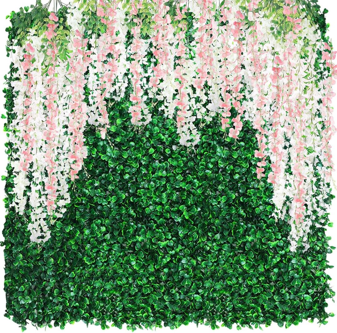 54 Pack Greenery Backdrop with Flowers Include 18 Pcs 16" x 24" Grass Wall Panels Artificial Hedge Boxwood Panels 36 Pcs 3.6 Feet Wisteria Hanging Flowers Garland for Wedding Summer(Light Pink)