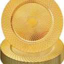 Frcctre 12 Pack Round Charger Plates, 13 Inch Decorative Gold Plastic Charger Dinner Plates, Reusable Elegant Diamond Pattern Serving Plate for Wedding, Dinner Party, Event Table Decoration