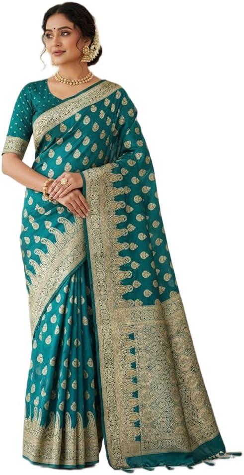 Women Saree with Woven Banarasi Design Traditional Indian Wedding Party Wear Raw Finish Elegant Festive Wear (Green)