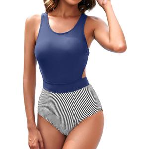 Tempt Me Women One Piece Swimsuits Tummy Control Cutout Bathing Suit for Teen Girls Zip Up Monokini (Large, Blue Stripe)