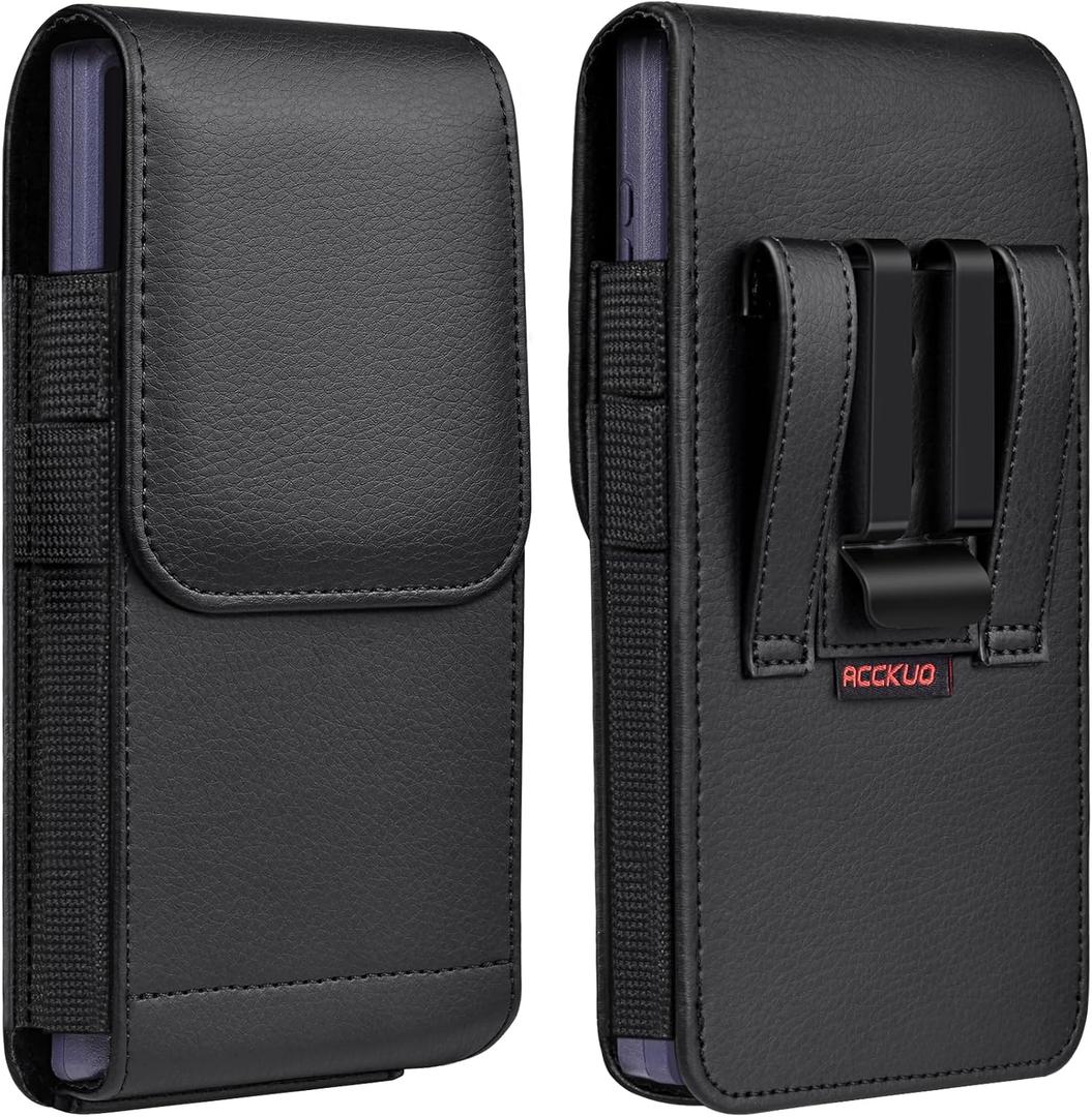 Leather Phone Holster with Strong Metal Belt Clip and Magnetic Closure Compatible with iPhone 16/15/14/13/12 Pro and Non-Pro, Galaxy S25 S24 S23 S22, M-Black