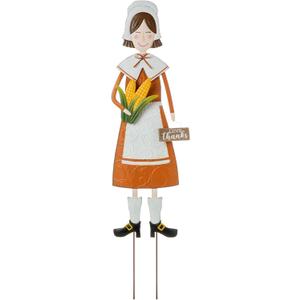 Glitzhome Thanksgiving Yard Stakes Metal Pilgrim Girl Yard Signs Hanging Wall Decors for Thanksgiving Fall Harvest Outdoor Decorations, 36" H