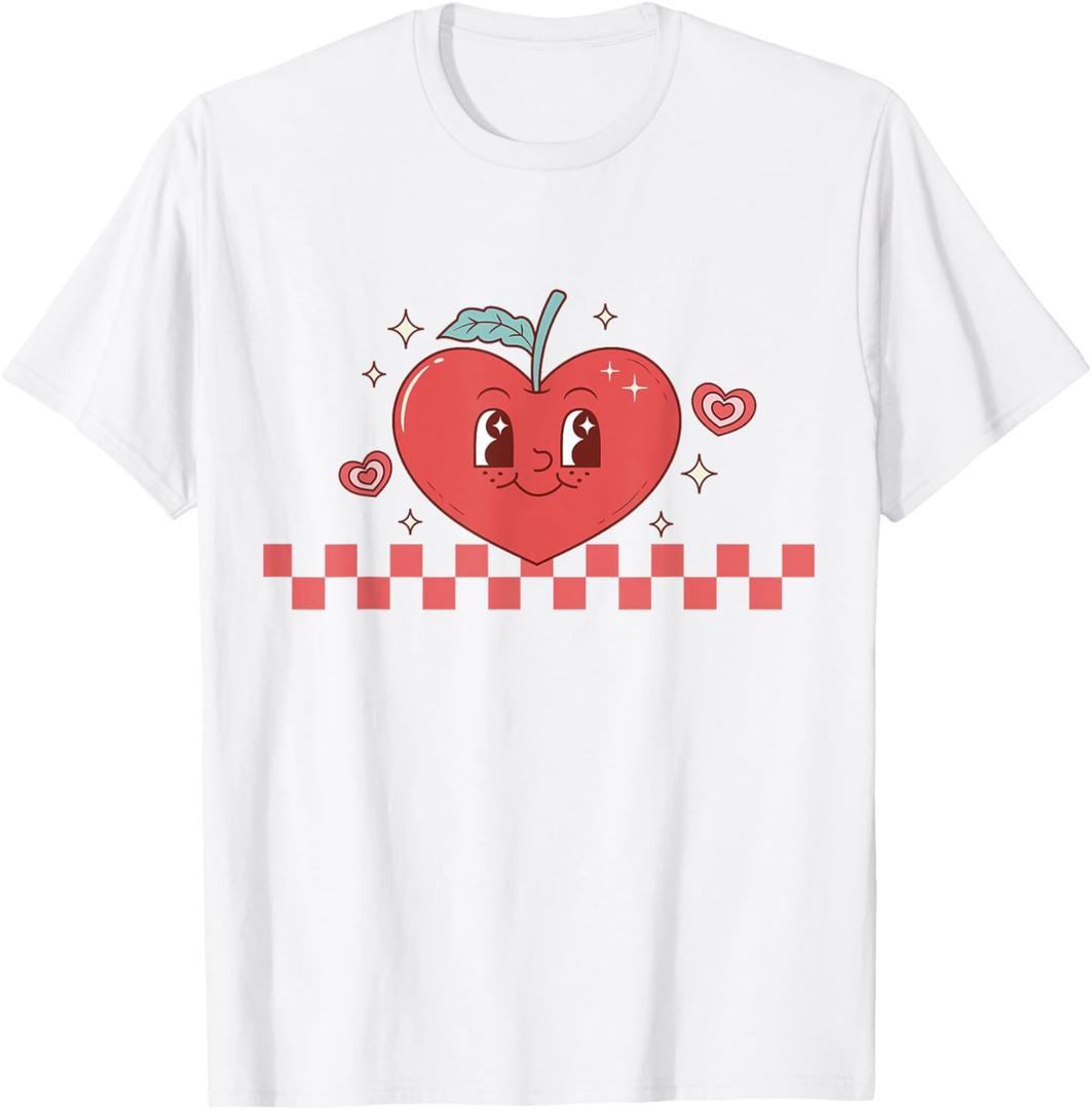 Cute Retro Checkered Apple with Face Teacher Heart Trendy T-Shirt Large