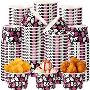 100pcs Halloween Treat Snack Cups 9oz Black Pink Ghost Disposable Bowls Boo Ice Cream Bowls for Halloween Movie Party Favor Supplies Tableware Decoration