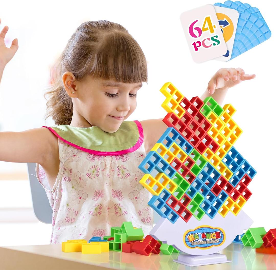 64Pcs Tetra Tower Game, Stack Attack Family Board for 2 Players Family Games, Building Blocks Stacking Balance Games Toys for Kids, Adults, Friends, Classroom, Family and Travel Party